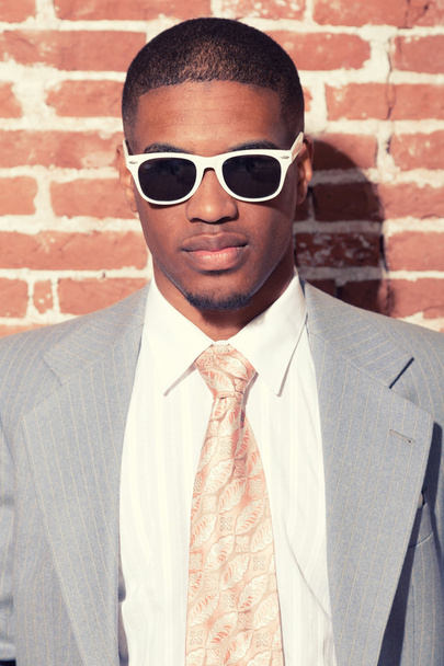 Vintage fashion cool afro american groom with sunglasses against - Photo, Image
