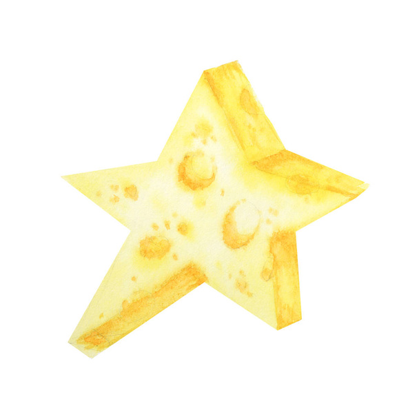 Acuarela dibujo pedazo de queso amarillo estrella. Comida favorita del ratón. Ilustración sobre fondo blanco
 - Foto, imagen