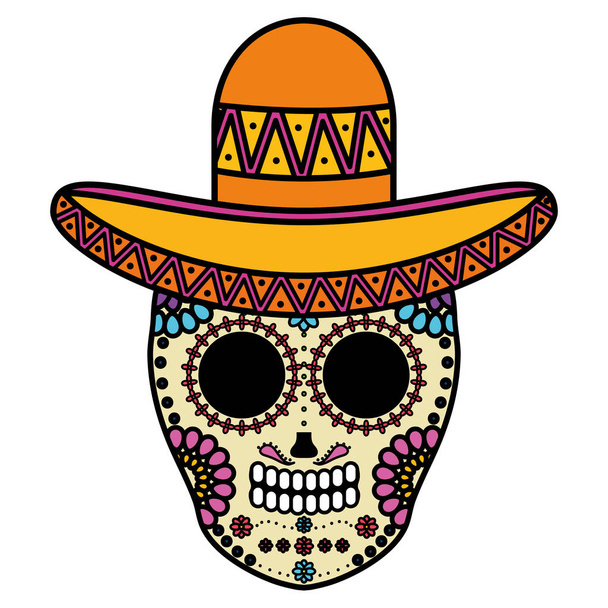 mexican skull death mask with mariachi hat - Vector, Image