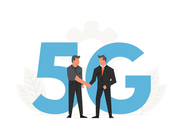 Liikemiehet tekevät sopimuksen ennen isoja kirjaimia 5G. Viidennen sukupolven langaton verkko, internet-teknologia
 - Vektori, kuva