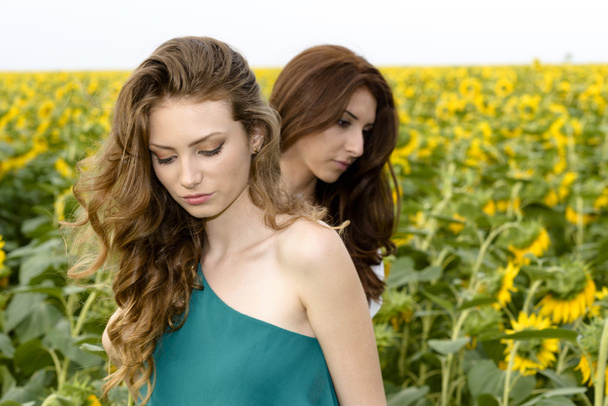 Two young beautiful girls in field with wildflowers flowers, out - Foto, Imagen