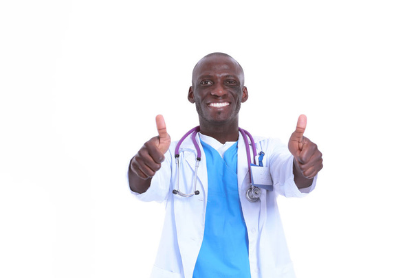 Portrait of a doctor man standing isolated on white background. Doctor. Clinic - Photo, Image
