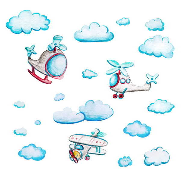 Kinder-Aquarell-Set mit Hubschraubern. - Foto, Bild