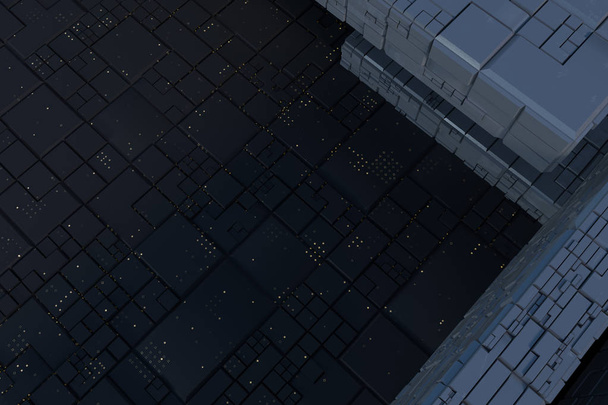 Rovine scure con parete di trama del circuito, sfondo di architettura sci-fi, rendering 3d
. - Foto, immagini