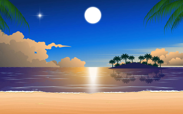 ビーチの夕日の青い空に満月 - ベクター画像
