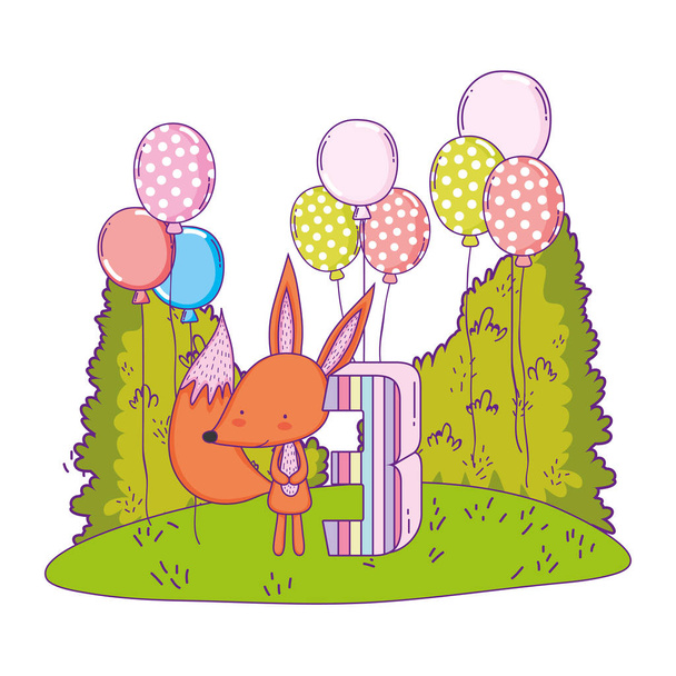 cute and little fox with balloons helium in the landscape - Vector, Image