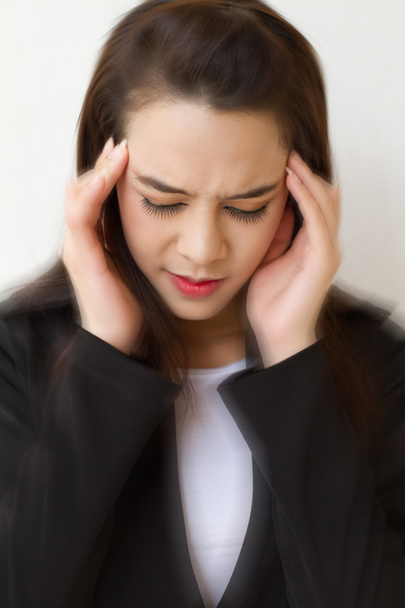 vrouw met hoofdpijn, migraine, stress, slapeloosheid, kater, duizeligheid - Foto, afbeelding