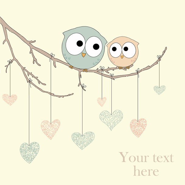 Greeting card with cute owls in love - Vector, Imagen