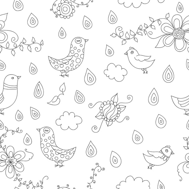 Vintage floral hand drawn seamless pattern with birds - Vector, Imagen