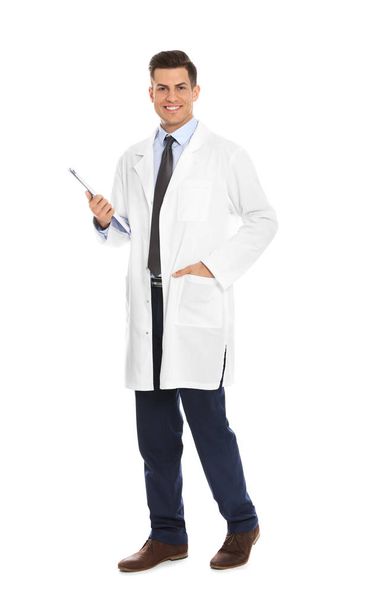 Full length portrait of medical doctor with clipboard isolated on white - Foto, afbeelding