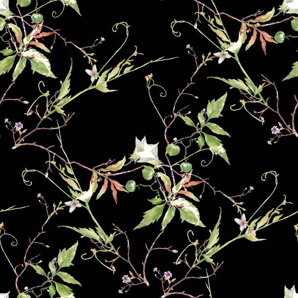 Watercolor painting of leaf and flowers, seamless pattern on dark background - Photo, image