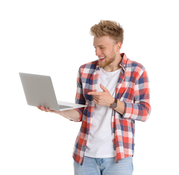 Happy man with laptop on white background - Фото, изображение