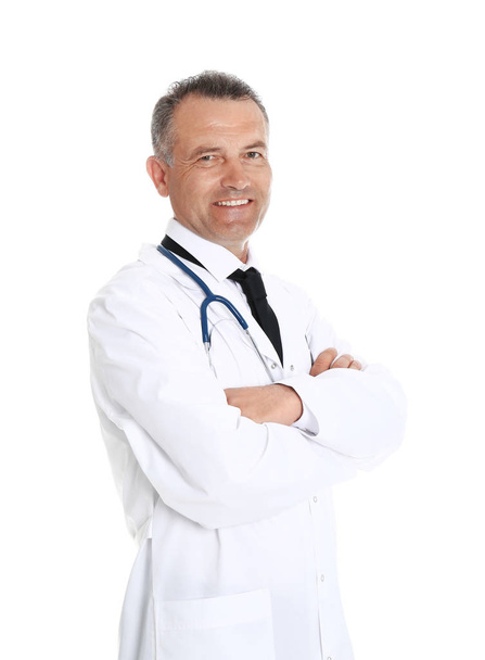Portrait of experienced doctor in uniform on white background. Medical service - Fotoğraf, Görsel