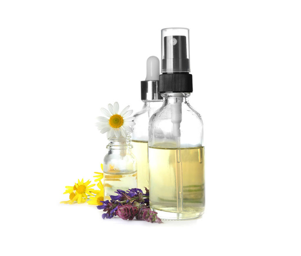 Bottles of herbal essential oils and wildflowers isolated on white - Foto, afbeelding