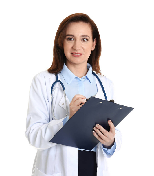 Portrait of experienced doctor in uniform on white background. Medical service - Zdjęcie, obraz