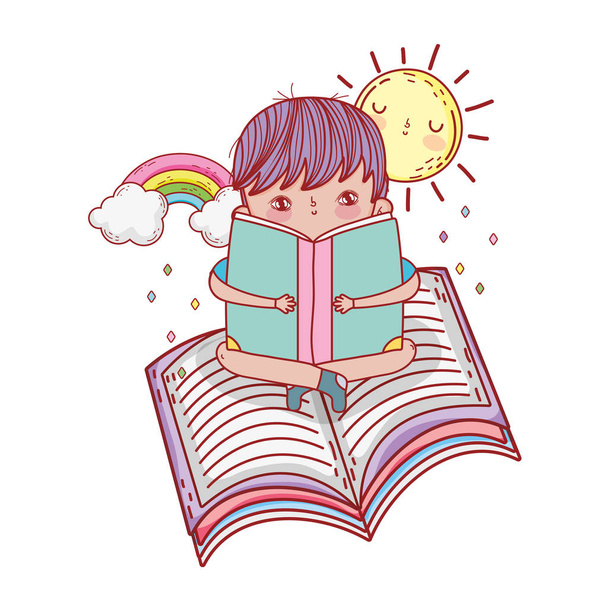 onnellinen pieni poika lukeminen kirja sateenkaaren
 - Vektori, kuva