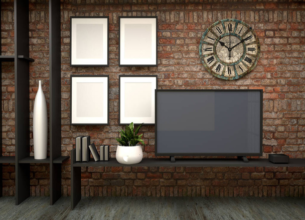 Τηλεόραση στον τοίχο, στο σαλόνι της σοφίτας. απόδοση 3D - Φωτογραφία, εικόνα