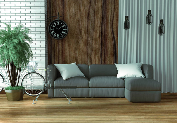 Empty - Living Room Loft Style Interior Design. 3D Rendering - Photo, Image