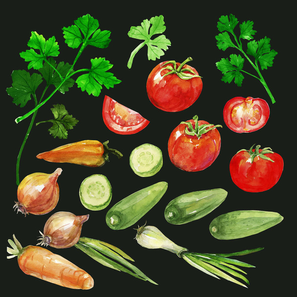 Подарунки природи: помідори, перець, цибуля, огірки, петрушка.
. - Фото, зображення