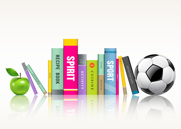 σειρά από πολύχρωμα βιβλία, μπάλα ποδοσφαίρου και πράσινο μήλο - Διάνυσμα, εικόνα