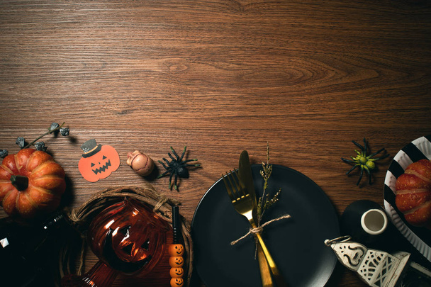 dinner prop halloween decoration with wood background - Fotoğraf, Görsel