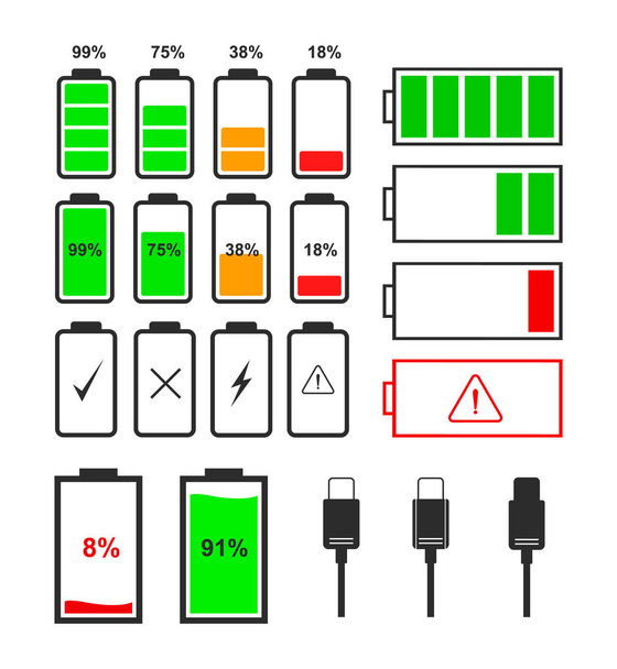 Set van indicatorpictogrammen voor batterijniveau. - Vector, afbeelding