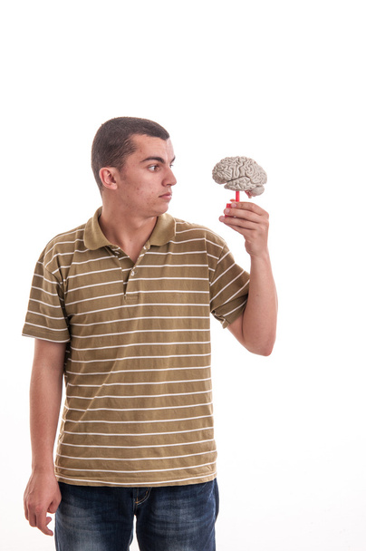Man holding a human brain model and looked at him - Фото, зображення