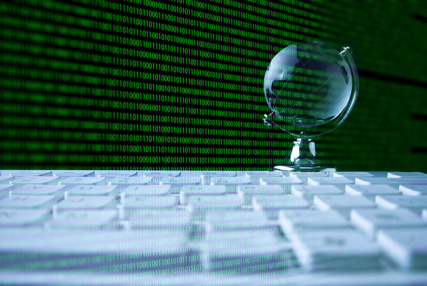 glass world earth on keyboard, 01 computer code hacker, run the global with ai - Foto, afbeelding