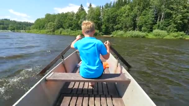 Niño en azul con chalecos salvavidas en las piernas flota en el barco y el escaramujo duro. Joven en barco de metal navegar en el agua del lago
 - Imágenes, Vídeo
