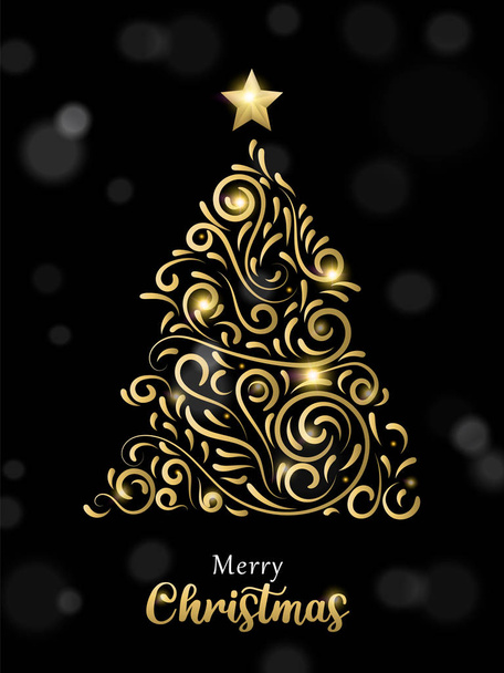 Christmas card of luxury gold and black pine tree - Διάνυσμα, εικόνα