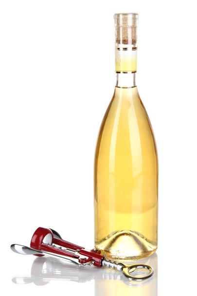 Corkscrew and bottle of wine isolated on white - Photo, image