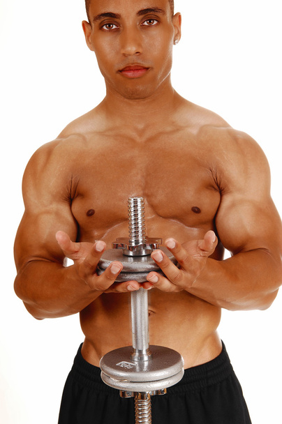 Guy with silver dumbbells. - Photo, Image