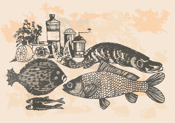Graphic project, retro fish in kitchen - Vector, Image