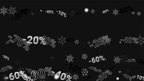 Percent Sings on Dark Background. Black Poster with Silver Percent Sings and Snowflakes. Vector Discount Sale Background. - Vektor, Bild