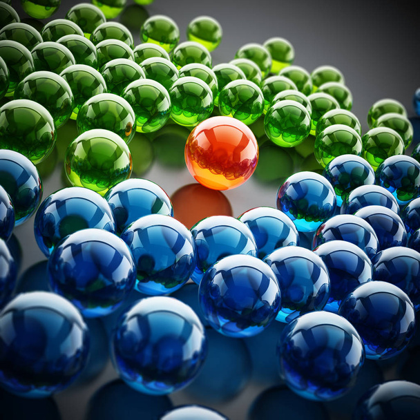 Red shiny sphere standing out among green and blue spheres. 3D illustration - Fotó, kép