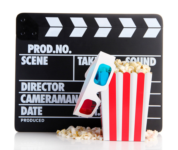 Movie clapperboard popcorn and 3D glasses, isolated on white - Photo, Image