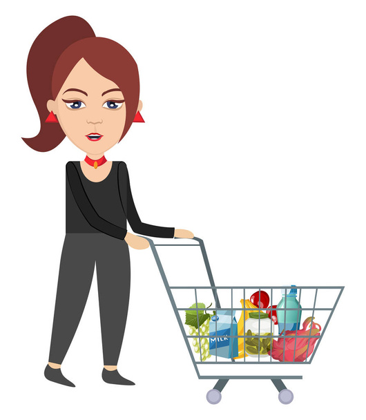 Woman with shopping cart, illustration, vector on white backgrou - Vector, Image