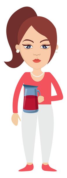 Woman with thermos, illustration, vector on white background. - Vector, imagen
