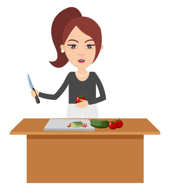 Mujer cortando verduras, ilustración, vector en el fondo blanco
 - Vector, imagen