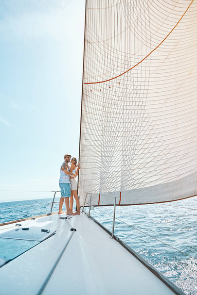 Romantic happy man and woman on cruise ship traveling - Фото, изображение