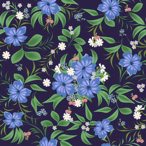 Seamless pattern with blue flowers, daisies, forget-me-nots. - Διάνυσμα, εικόνα