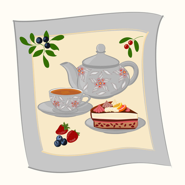 Konvice, šálek s čajem, dort a bobule. Pozadí s konvice a šálek v rámečku s ovocem. - Vektor, obrázek