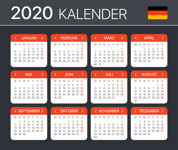 2020 ημερολόγιο-διανυσματική απεικόνιση προτύπου-γερμανική έκδοση - Διάνυσμα, εικόνα