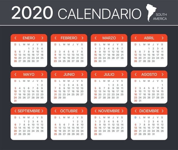 2020 kalendář-vektorový obrázek-Španělská Jiholatinská americká verze - Vektor, obrázek