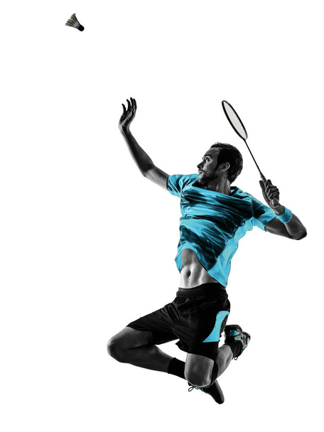 Badminton player man shadow silhouette isolated white background - Photo, Image