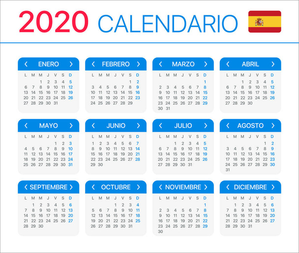 2020 календар-векторний малюнок у шаблоні-іспанська версія - Вектор, зображення