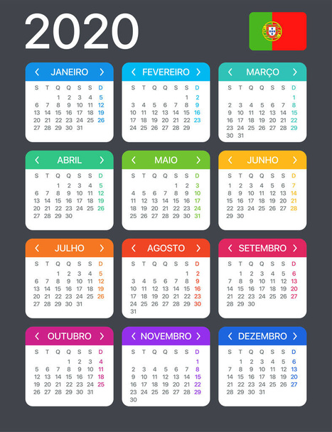 2020 Calendar - vector template graphic illustration - Portuguese version - Vetor, Imagem