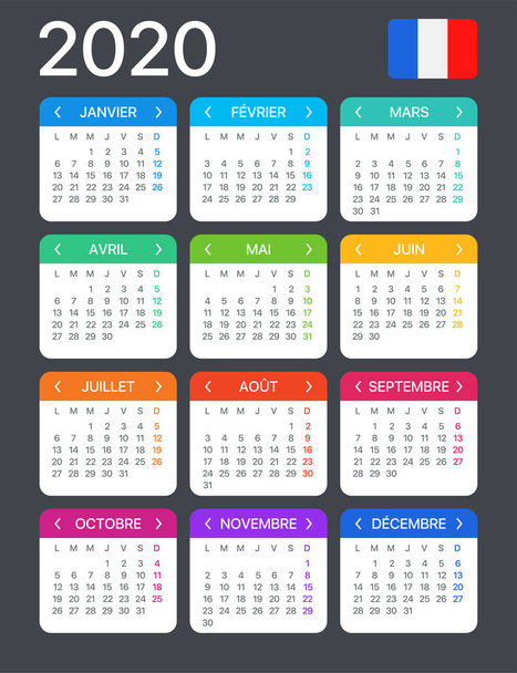 2020 ημερολόγιο-διανυσματικό πρότυπο γραφικών εικόνα-γαλλική έκδοση - Διάνυσμα, εικόνα