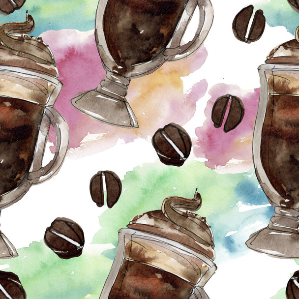 Hot and cold coffee drinks. Watercolor background illustration set. Seamless background pattern. - Photo, Image
