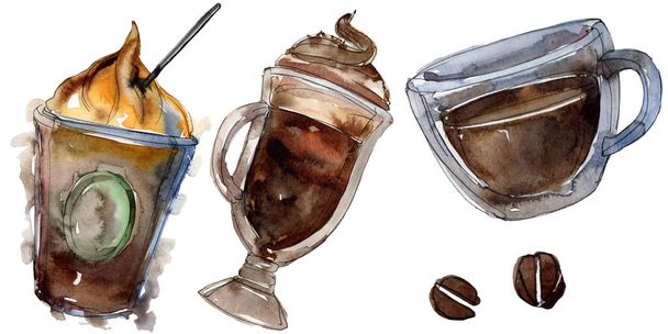 Hot and cold coffee drinks. Watercolor background illustration set. Isolated drinks illustration element. - Zdjęcie, obraz